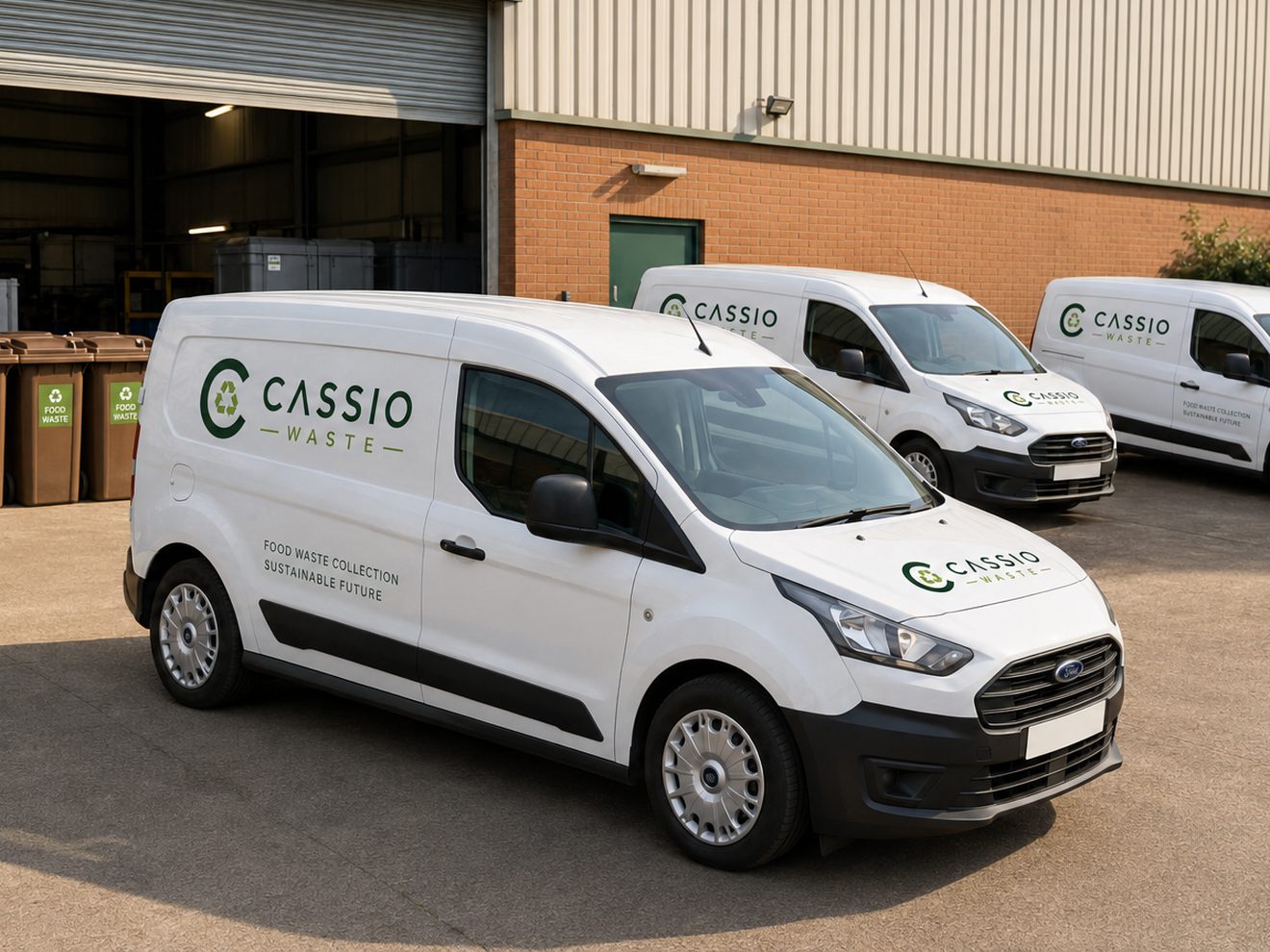 Cassio Waste food waste collection vans and food waste bins at the depot